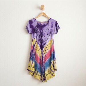 ASHA Tie Dye Embroidered Boho Tunic Dress Hippie Festival Rayon One Size Summer